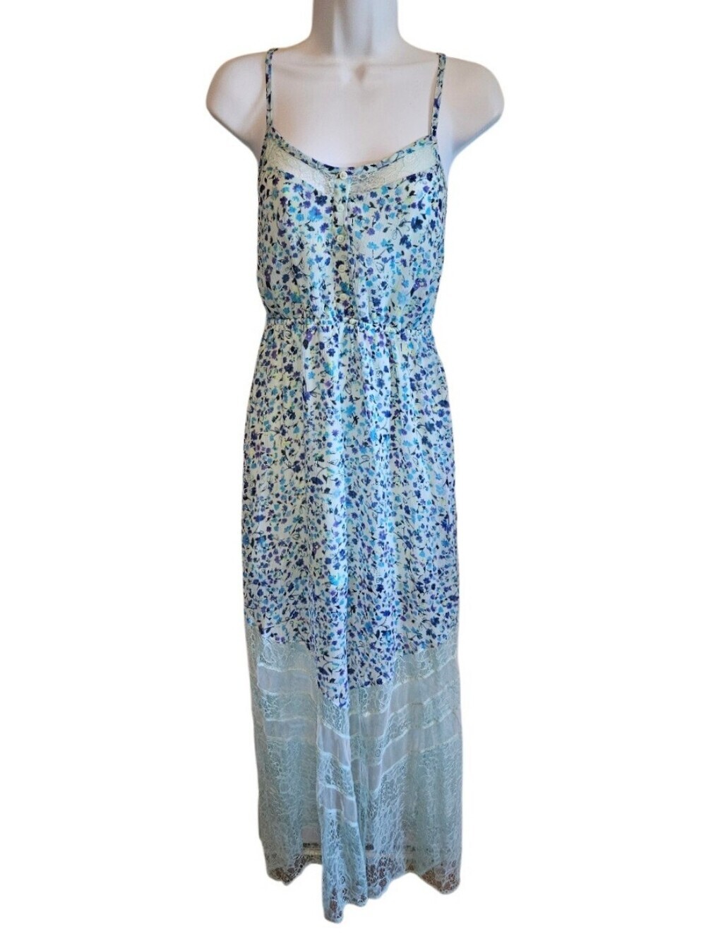 0083 Candie’s Blue Floral Sleeveless Lace Trim Maxi Dress Cottagecore Medium